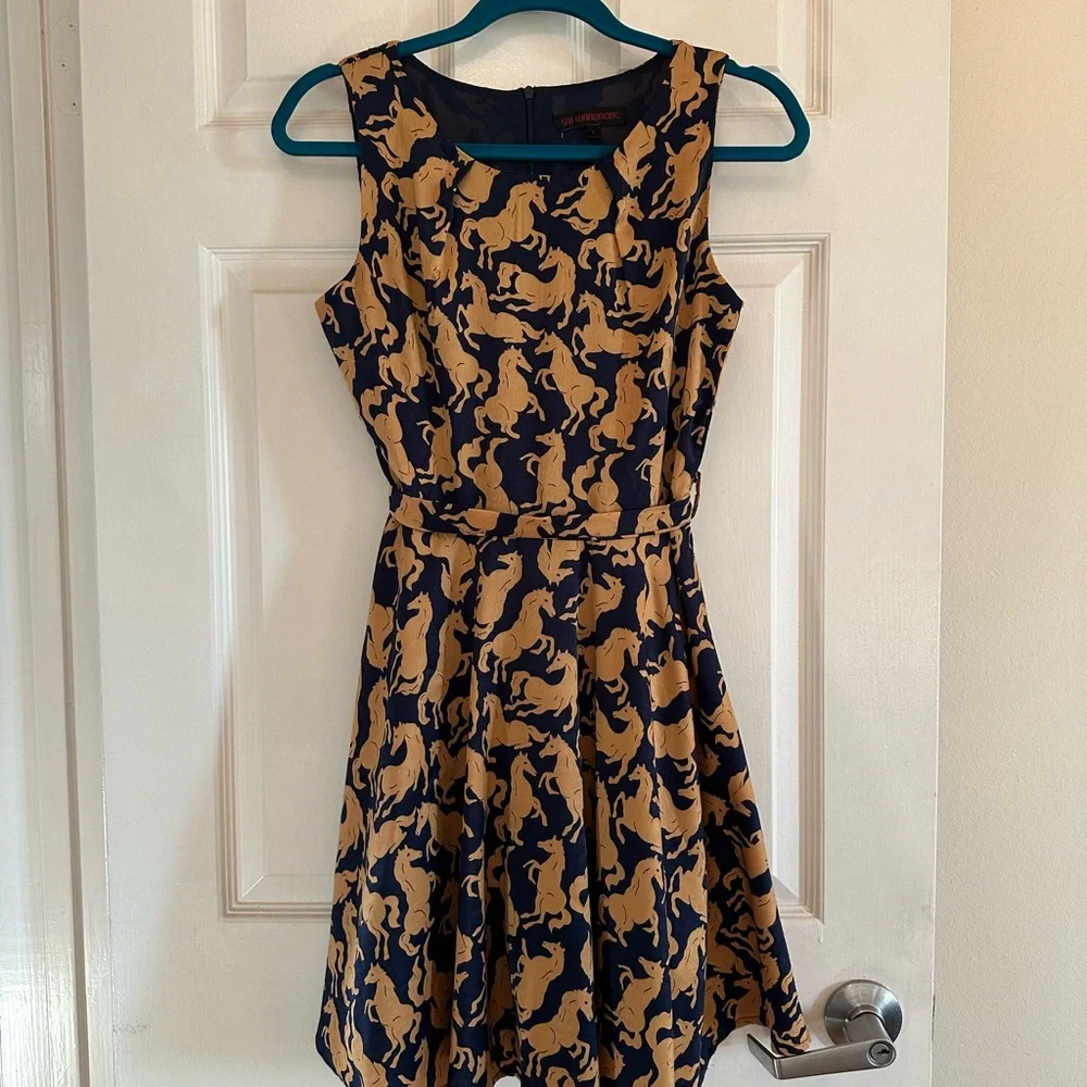 Elegant Navy and Gold Horse Print Mini Dress - Picture 1 of 5